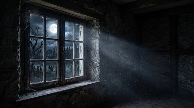  Moonlight through old window in dark abandoned room, eerie cinematic rays and dust for horror background
 