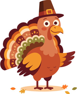 Cute Thanksgiving Turkey Character Wearing Pilgrim Hat Vector Illustration