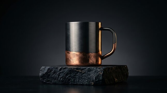Black and copper coffee mug sitting on a dark stone pedestal against a moody background. dipped metal mug