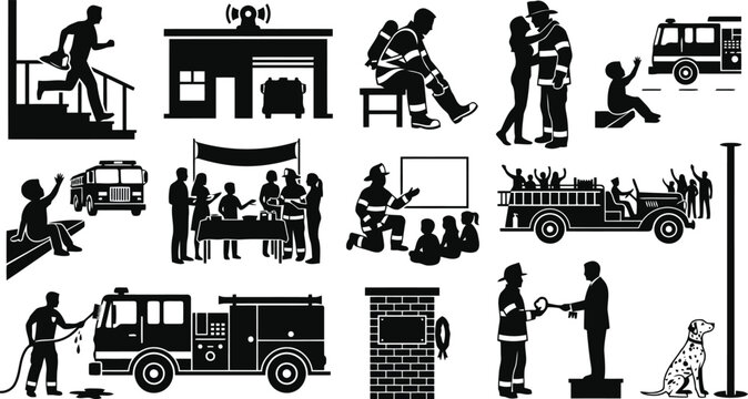 Collection of black and white silhouette showing firefighters, fire trucks, fire stations, and community engagement activities