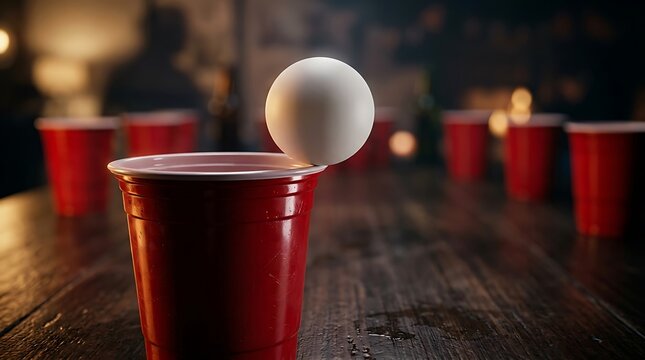 White ping pong ball balancing on the edge of a red plastic cup during a fun beer pong party game. bierpong