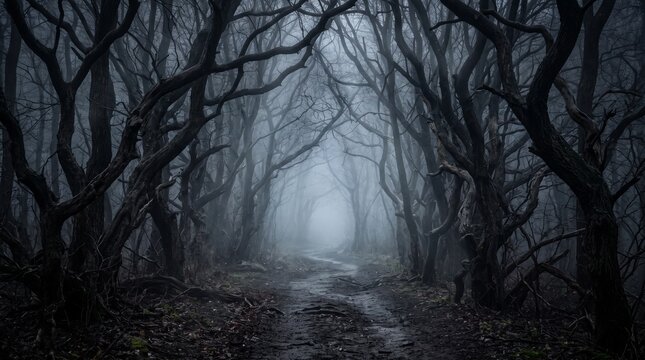 Dark spooky forest tunnel background with twisted trees and fog, eerie haunted woodland path at night