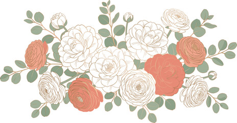 Elegant botanical floral bouquet vector with coral peonies and eucalyptus leaves for wedding invitation © Sarjina