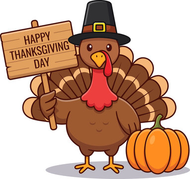 Cute Thanksgiving Turkey Character Holding Wooden Sign with Pumpkin Vector