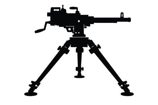 Military machine gun mounted on tripod silhouette isolated on white background defense equipment illustration