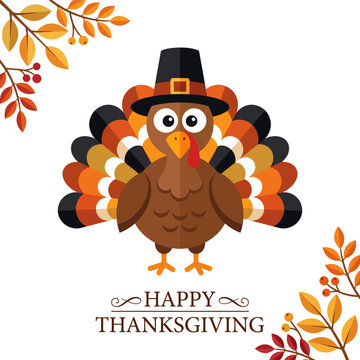 Thanksgiving Turkey Character with Pilgrim Hat and Autumn Foliage Frame Vector