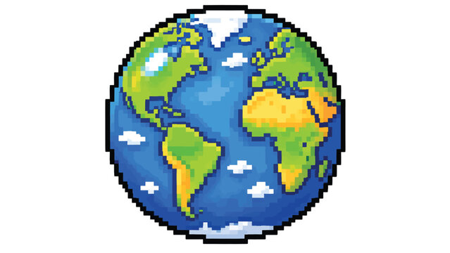 Pixel art globe earth planet retro game style world geography illustration isolated on white background