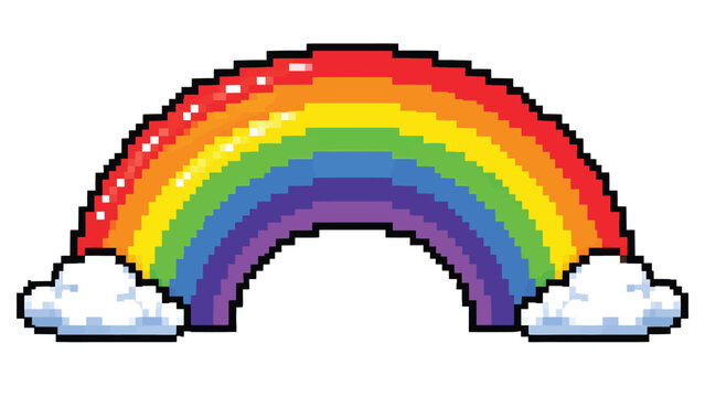 Cute pixel art rainbow with clouds retro game style colorful illustration isolated on white background