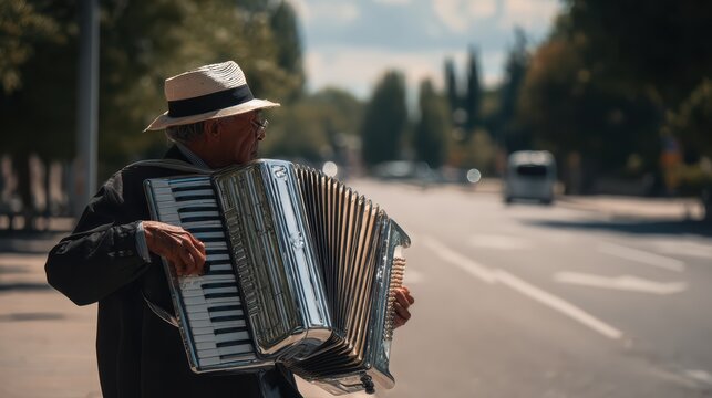accordion musician performing on a peaceful empty street, minimal background, cinematic realism