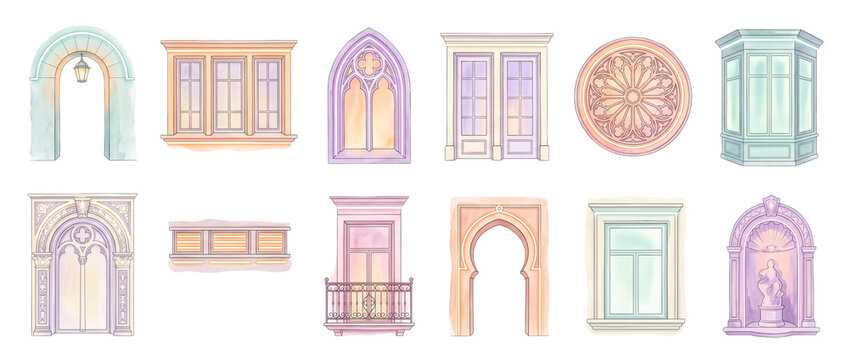 Architectural window arch collection watercolor set featuring gothic arches, vintage frames, decorative balcony, rose window, and classic facade elements isolated on a dark background for design.