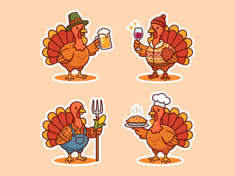Thanksgiving Turkey Character Sticker Set with Beer Wine Pie and Farmer