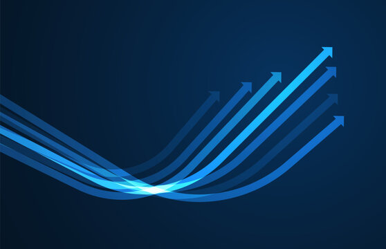 Blue transparent curved lines rising into upward arrows, symbolizing technology, progress, forward direction, growth, and fast dynamic movement in modern graphic design