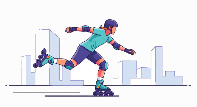 Urban Rollerblader: A person in protective gear rollerblades through a cityscape, depicted in a clean, modern illustration style.