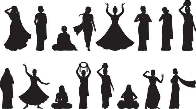 Elegant Indian Women in Saree Silhouette Vector Collection Traditional Cultural Illustration. silhouette icons vector