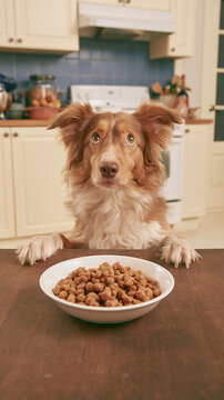 dog looking at bowl of dry food, picky dog refusing dry food at mealtime, reluctant dog staring at bowl of kibble