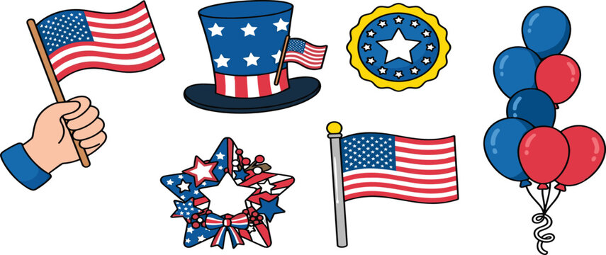 Patriotic American 4th of July celebration party elements vector collection featuring USA flag uncle sam hat balloons star wreath and badge icons