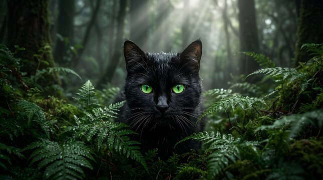A mysterious black cat with glowing green eyes sits hidden among lush ferns in a dark forest.
