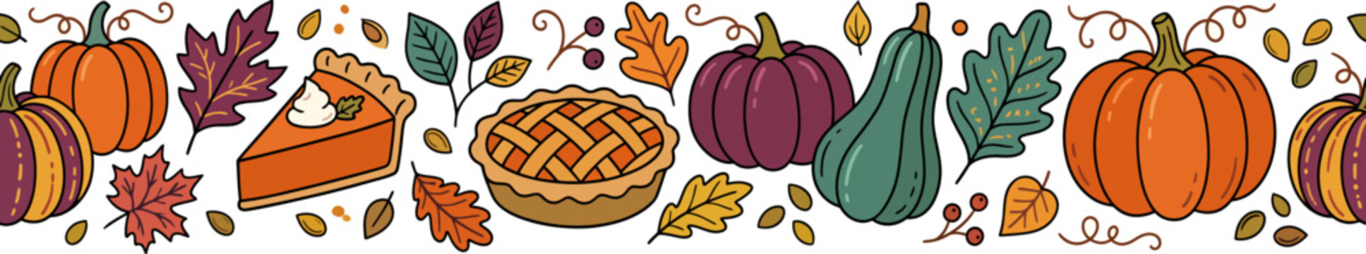 Thanksgiving Autumn Harvest Seamless Border with Pumpkins Pie and Leaves Vector