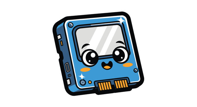 Cute portable hard disk drive mascot isolated on white background representing digital storage backup and computer technology