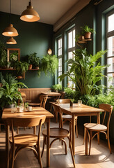 Fototapeta premium Cozy cafe interior with wooden tables and green plants