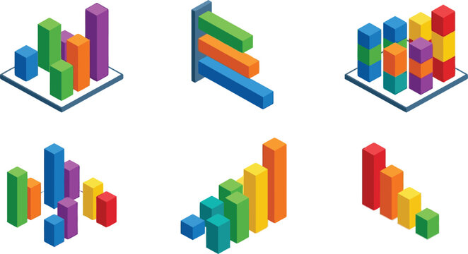 Isometric 3d bar charts and data graphs with colorful blocks arranged in various configurations isolated on a white background, for analysis