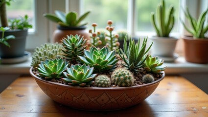 Fototapeta premium Succulent arrangement in a decorative bowl on a wooden table, surrounded by various potted plants near a window with natural light illuminating the scene