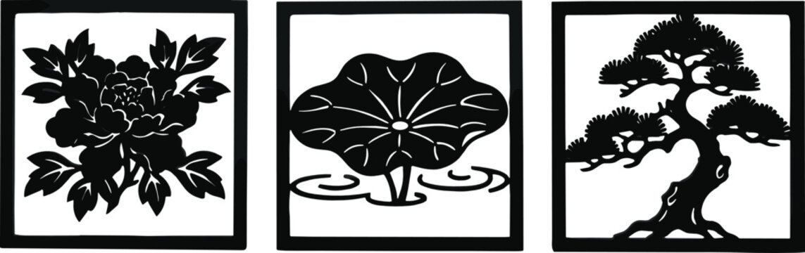 Traditional Chinese and Asian style square decorative vector panels collection featuring classic oriental nature silhouette designs of peony flower lotus leaf and bonsai pine tree