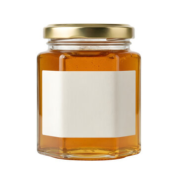 Hexagonal glass honey jar with a gold lid and a blank white rectangular label isolated on a black background, for food packaging isolated on a transparent background
