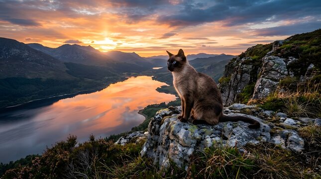 A regal Siamese cat sitting on a high rocky ledge overlooking a vast mountain lake at golden hour.