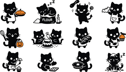 Obraz premium Set of cute black kitten silhouettes as bakers and chefs, performing various cooking activities on a clean white background