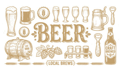 Vintage beer typography emblem with hand drawn brewery mug bottle barrel doodles set vector illustration © Avartde