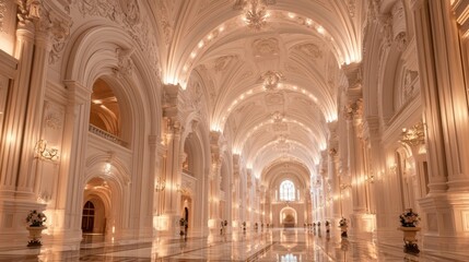 Obraz premium Elegant and Luxurious Interior of a Grand Hall with Exquisite Architecture and Beautiful Lighting, Capturing a Sense of Opulence and Splendor