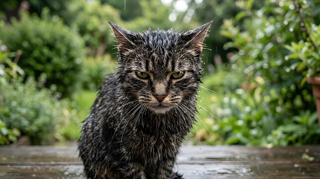 A soaked tabby cat sits on a wooden deck in the rain with a very grumpy and annoyed facial look.