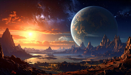 Extraterrestrial alien planet landscape with large moon during sunset