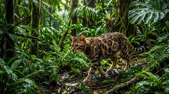 A spotted Bengal cat walks through a dense tropical jungle with lush green leaves and thick vines.