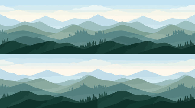 Layered mountain landscape seamless pattern with forest hills and nature scenery for wallpaper textile and decorative backgrounds