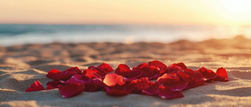 Red rose petals scattered on sandy beach with a blurred ocean and warm sunset in the background.
