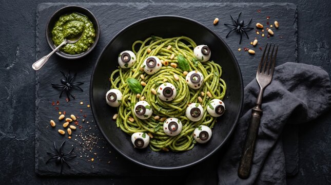 Pesto spaghetti with edible eyeballs for Halloween dinner