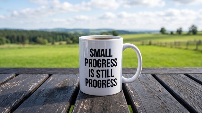 Small progress quote on coffee mug outdoors