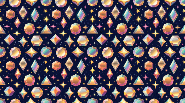 Luxury celestial gemstone seamless pattern with stars moons crystals and jewels for wallpaper textile and fantasy decor