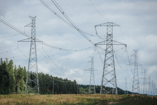 High-voltage power lines and transmission towers stretching across a grassy field with a backdrop of dense forest under a cloudy sky