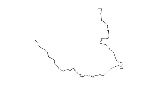 South Sudan map animation, drawing country map of South Sudan, black line on white background.
