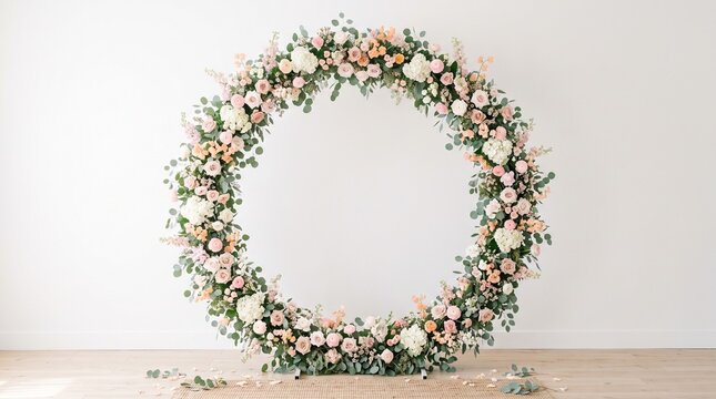 Soft pink and blue floral round wreath background with pastel roses and eucalyptus, elegant spring frame copy space