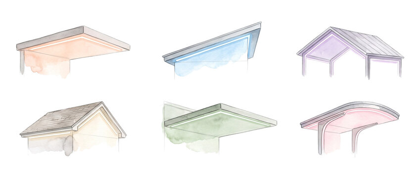 Modern roof soffit LED lighting architectural illustration set featuring outdoor house roof overhang accent lights in watercolor style for exterior residential building design and home illumination.
