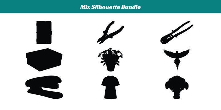 Collection of various black silhouettes including tools objects and animals