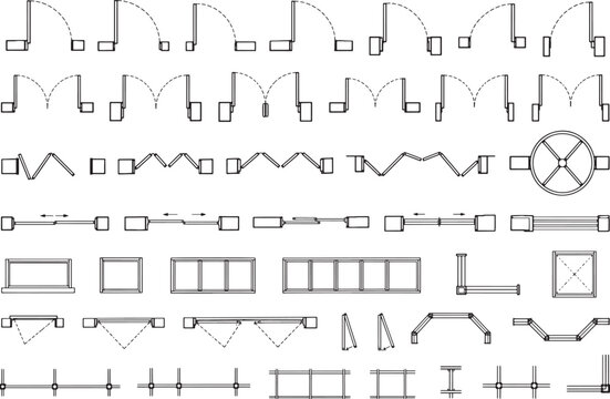 Architectural floor plan symbols set showing various door and window types in a technical line drawing style