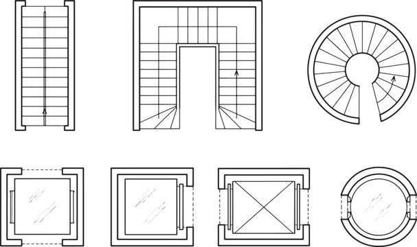 Architectural floor plan symbols showing various staircase designs and elevator shaft layouts in a technical vector illustration