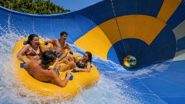Group of friends on raft in giant funnel water slide