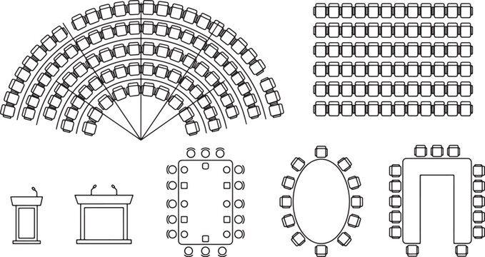 Conference room and auditorium seating arrangement floor plan icons set in simple black outline vector style