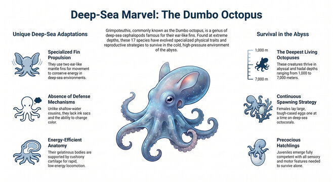 Educational infographic exploring Grimpoteuthis, the dumbo octopus, its deep-sea habitat, anatomy, adaptations, ecology and evolution.